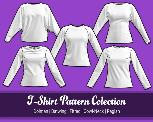 T-Shirt Sewing Pattern Collection | Dolman, Batwing, Fitted, Cowl-Neck, Raglan